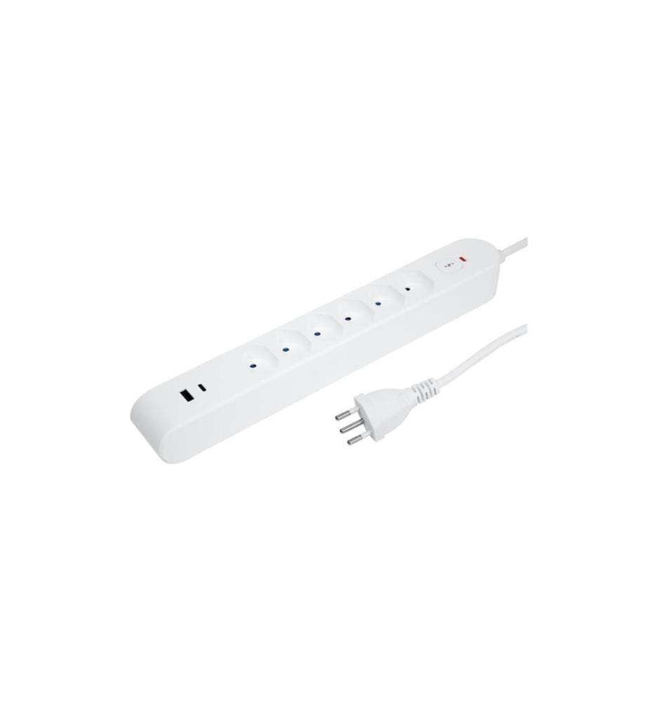 STEFFEN - Bloc multiprises IQ 6 x T13, USB-A+C Blanc, câble de 3 m