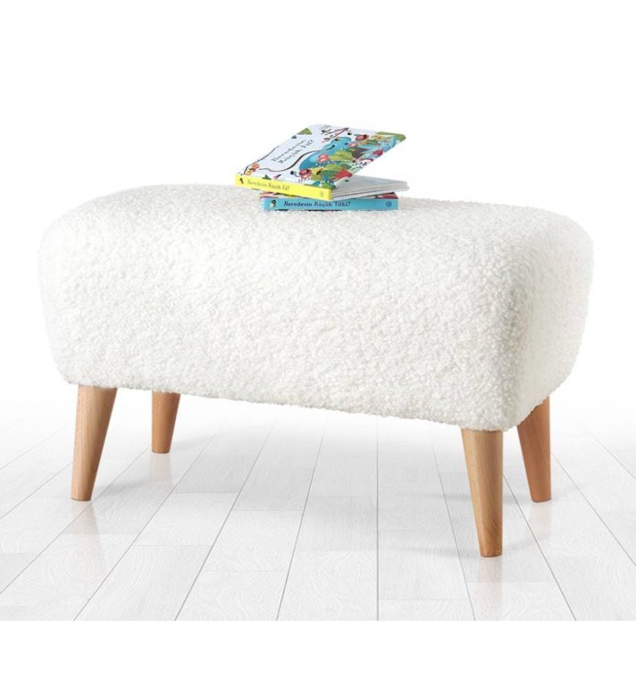 Pouf, blanc, fausse fourrure, pieds en bois