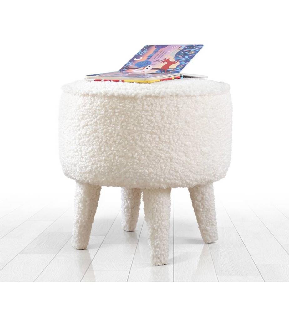 Pouf, blanc, fausse fourrure, pieds en bois