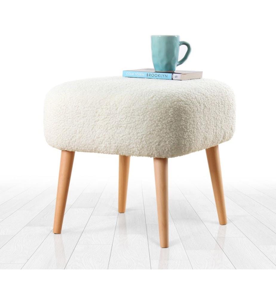 Pouf, blanc, fausse fourrure, pieds en bois