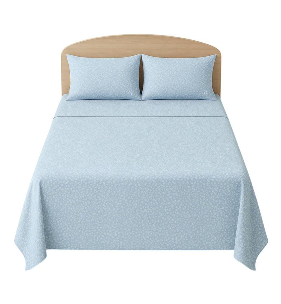 3Pièces Double Bed Sheet Set : Drap supérieur (210x270cm) + Drap-housse (135x200+28cm) + Taie d'oreiller (45x155cm) 144Tc 100% Coton Bleu Flo