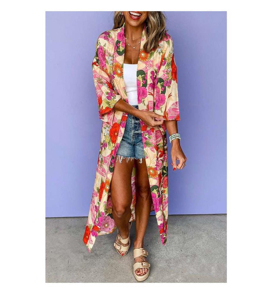 Kimono à imprimé floral et ouvert sur le devant avec ceinture - Rose