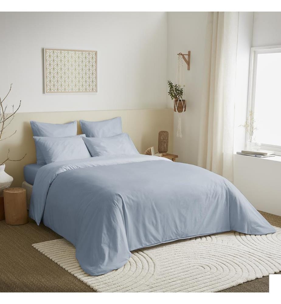 Pack Complet Housse de couette Unicolore 240 x 260 cm & Drap housse 180 x 200 cm - Bleu Ciel