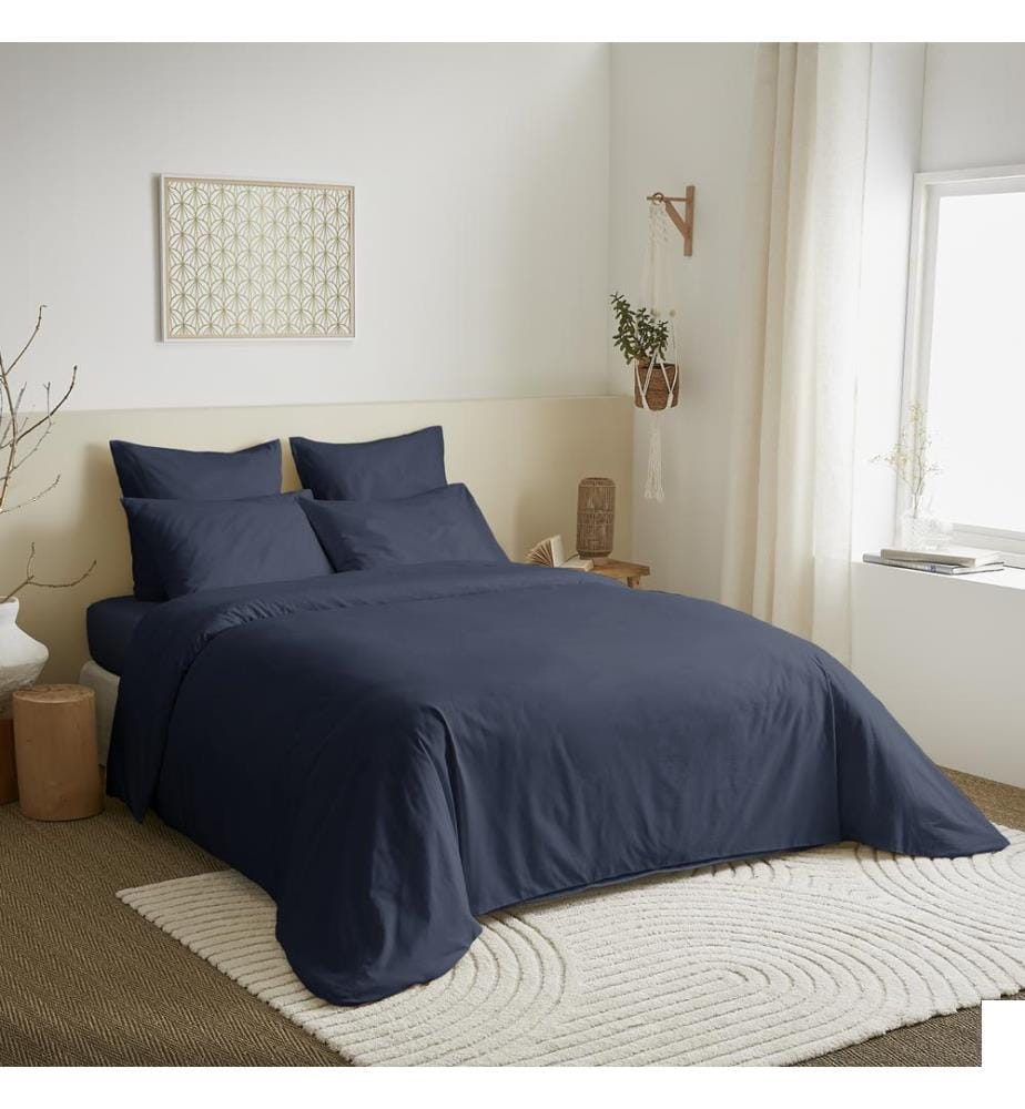 Pack Complet Housse de couette Unicolore 240 x 260 cm & Drap housse 180 x 200 cm - Marine
