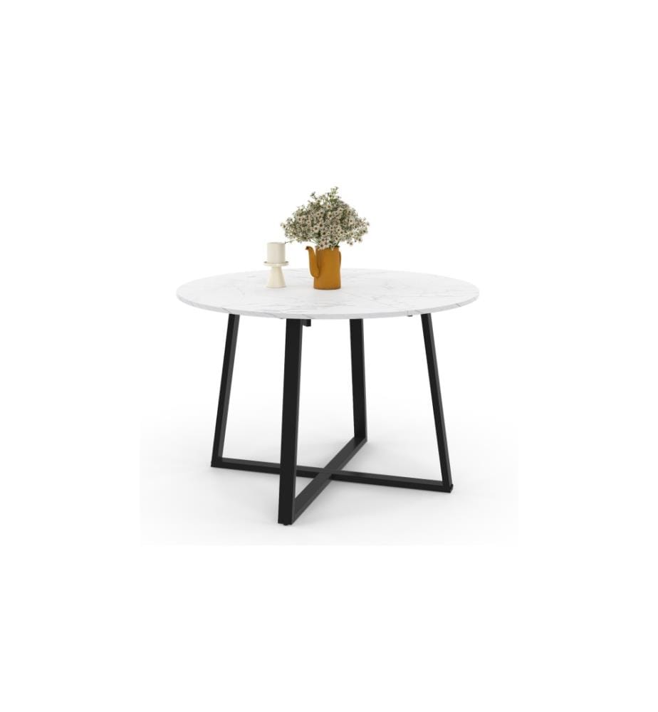 Table repas extensible Sana 110-150cm plateau rond - Marbre et Noir
