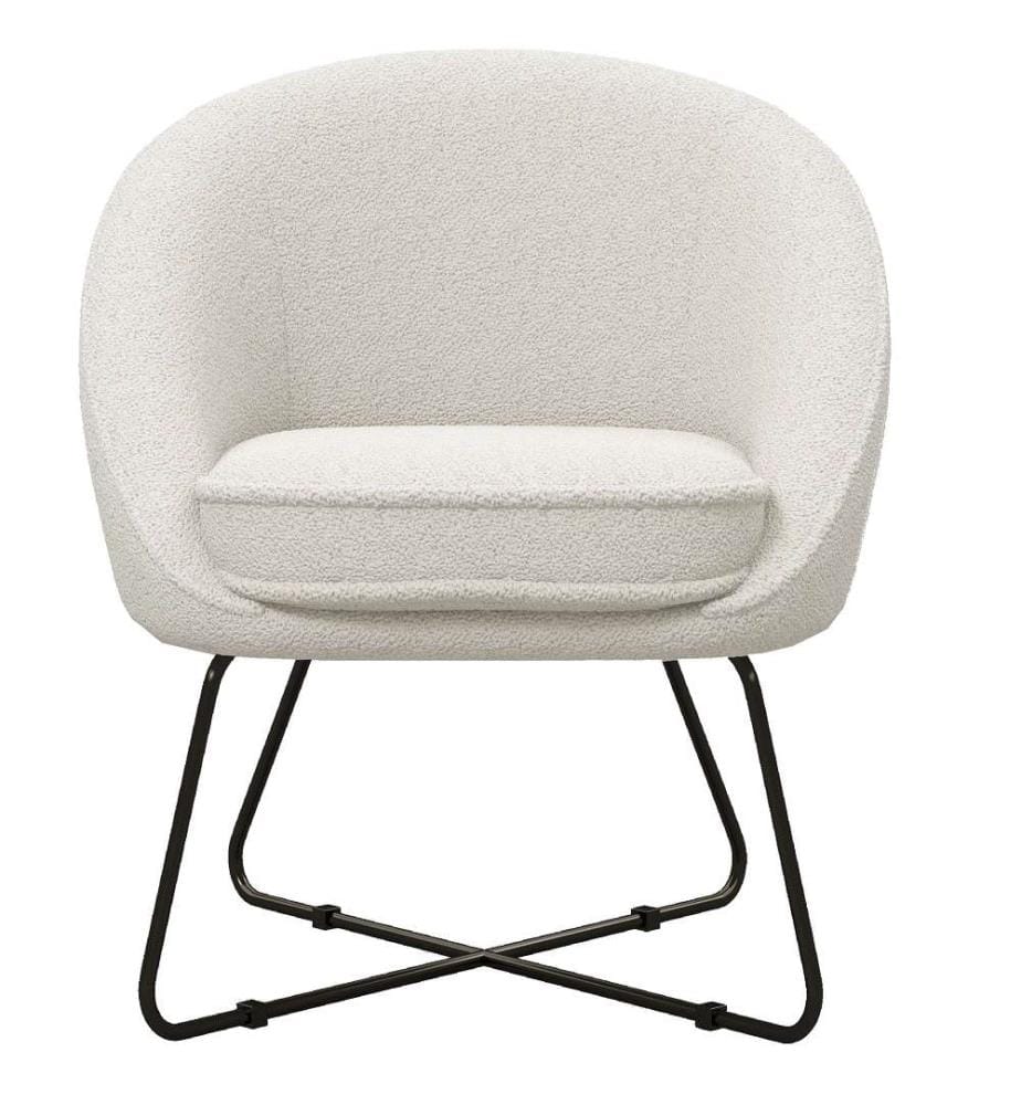 Fauteuil Lounge Bowl en Tissu Bouclette Ecru et Pieds Métal Noir