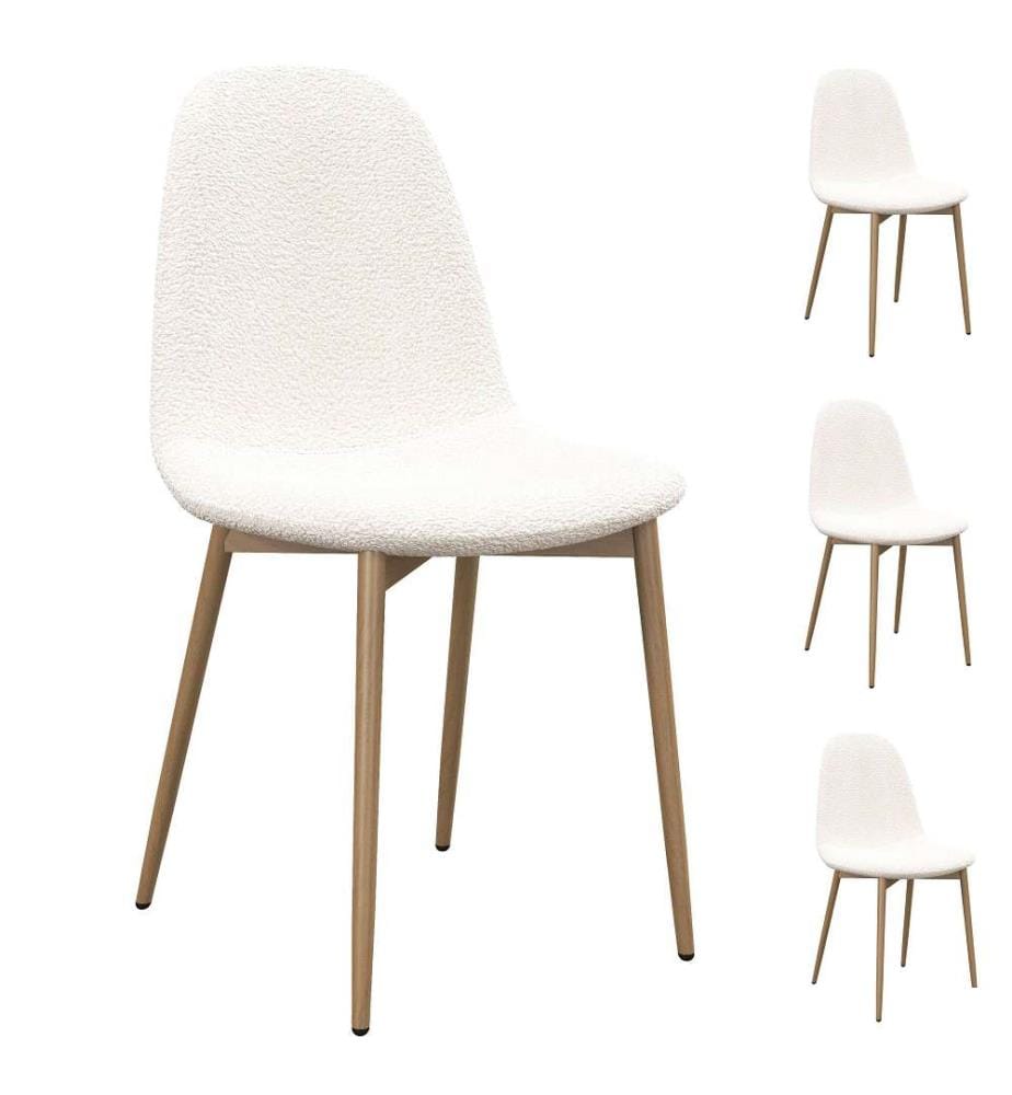Lot de 4 Chaises en Tissu Sally Bouclette Ecru et Métal Bois