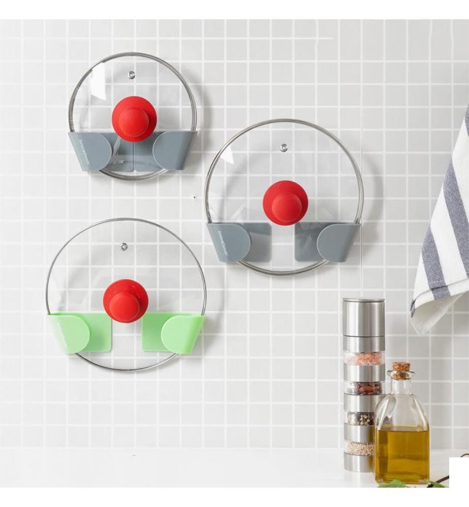 Lot de 3 supports adhésifs pour couvercles de casseroles Smarack - Gris et vert