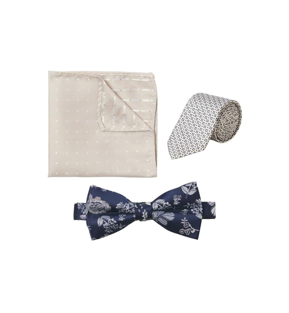 Gift Box Cravate, Noeud Papillon et Mouchoir de Poche - Marine et Beige