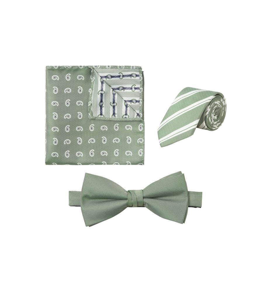 Gift Box Cravate, Noeud Papillon et Mouchoir de Poche – Vert Clair et Blanc