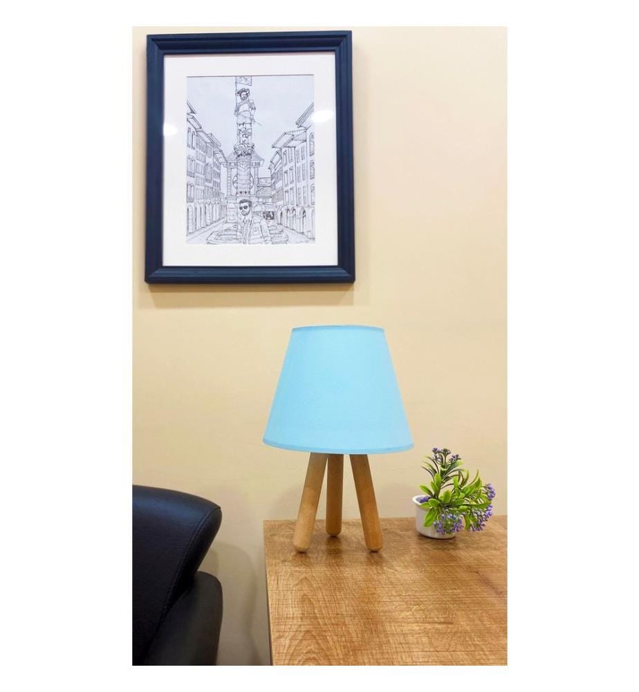 Lampe de Table, bleu naturel, pied en bois, capuchon en polypropylène