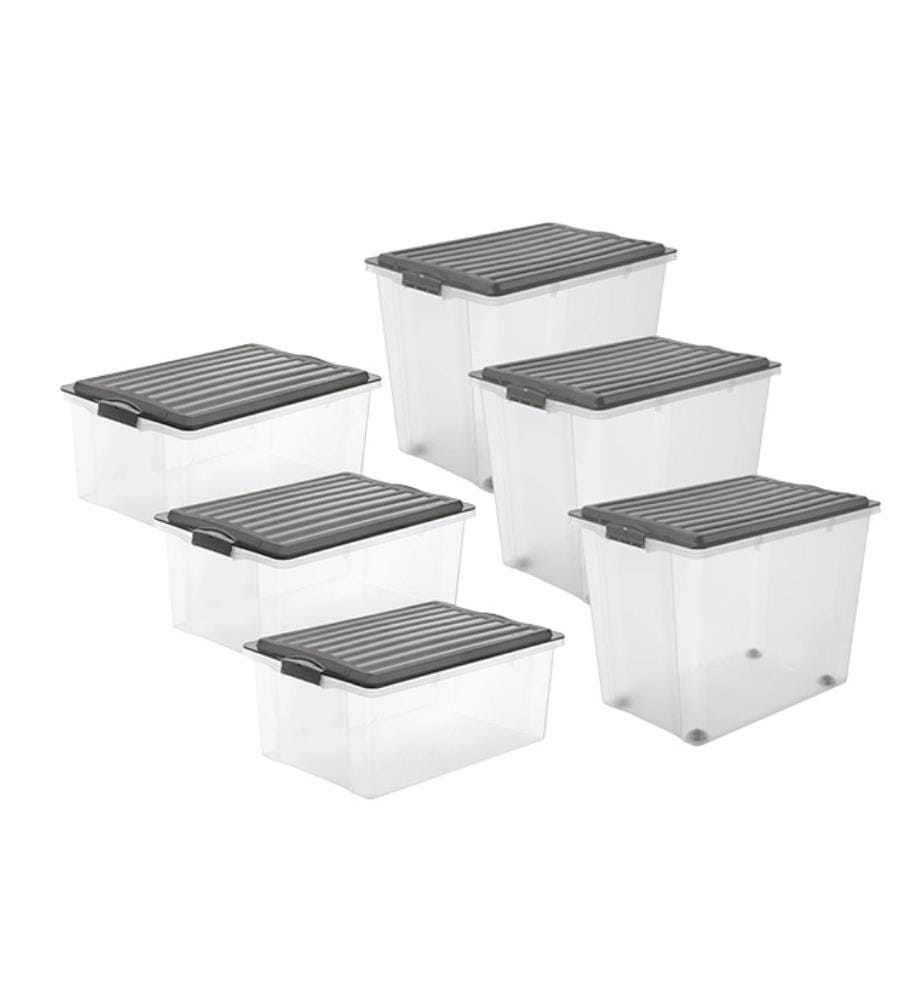 Lot de 6 Boîtes de Rangement Empilables Compactes ( 3 x 38L + 3 x 70L ) - Anthracite