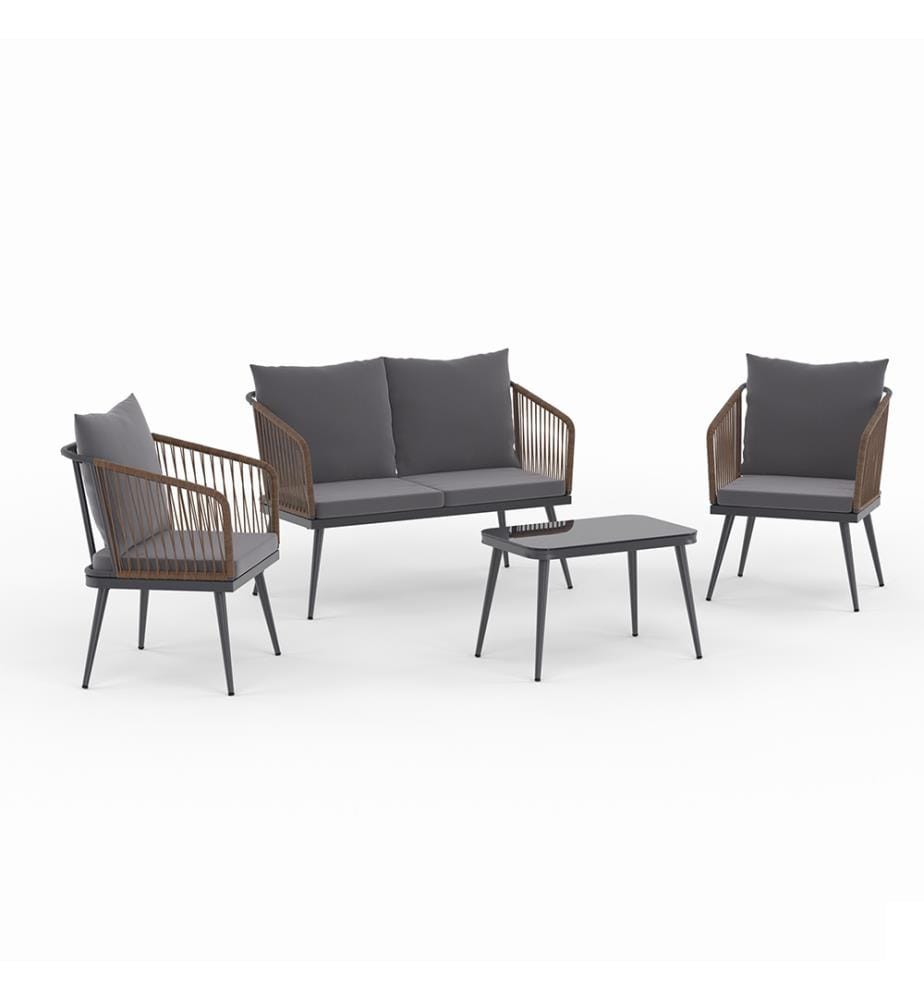 Salon de jardin Florida 4 places avec coussins en acier et polyrotin - Gris anthracite et Rotin