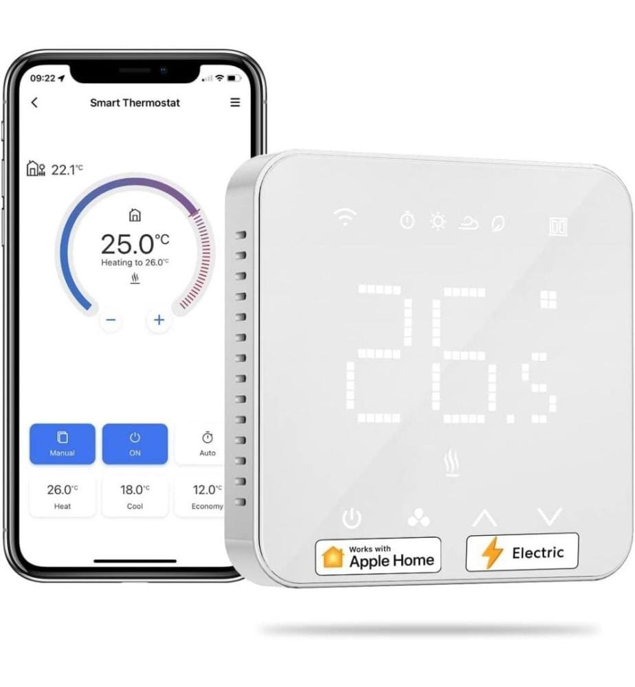Thermostat Connecté, 16A Thermostat pour Chauffage au Sol Electrique Compatible avec HomeKit, Siri, Alexa et Google Home, Thermostat WiFi avec Ecran LED Tactile, Commande Vocale et Contrôle à Distance Thermostat pour Chauffage au Sol Electrique Unique