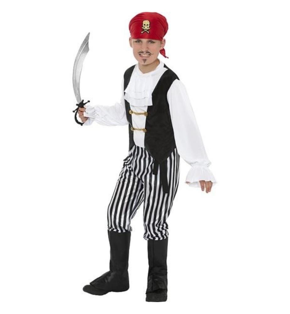 Pirate noir/blanc taille M, Shirt, pantalon, Boot Covers, voile rouge et ceinture, 130-145 cm