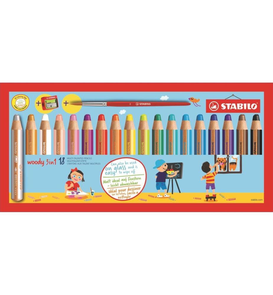 STABILO - Crayons de couleur Woody 3in1 avec taille-crayon/pinceau, étui de 18 pièces