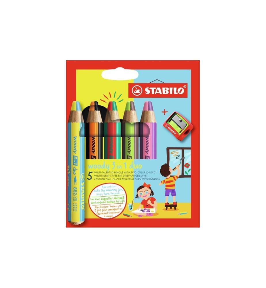 STABILO - Crayons de couleur Box Woody 3 en 1 duo, 5 pièces