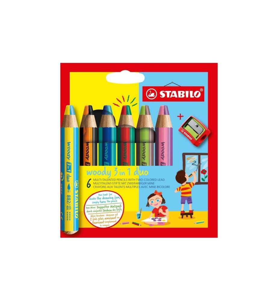STABILO - Crayons de couleur Box Woody 3 en 1 duo, 6 pièces