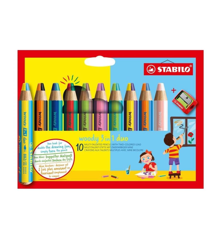 STABILO - Crayons de couleur Box Woody 3 en 1 duo, 10 pièces