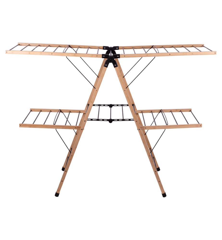 Etendoir en métal - Bambou 155 x 62 x 111 cm - Noir, Bois naturel