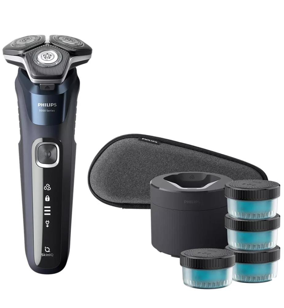 Rasoir électrique 100 % étanche Shaver Series 5000 + 4 Cartouche Quick Clean Pod & Housse de voyage Bleu Foncé S5885/69