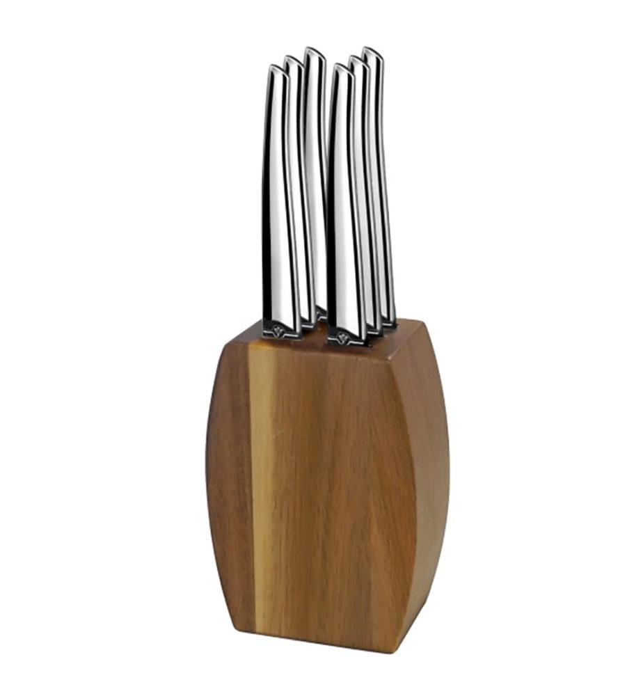 Bloc avec 6 Couteaux à Steak Jet Miroir - Bois d'acacia