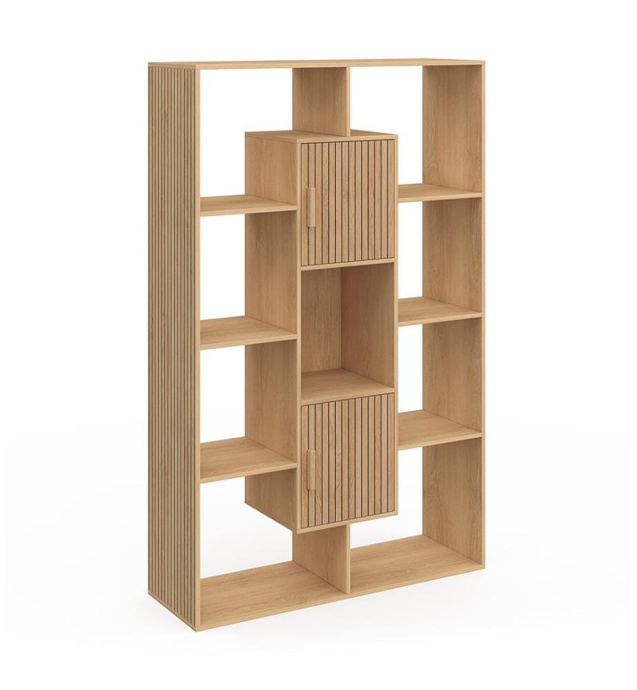 Etagère bibliothèque Faustine effet lattes 11 compartiments 143cm - Brun et Noir