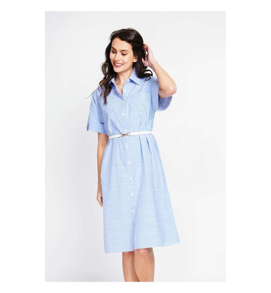Robe chemise longue rayée à manches courtes et boutonnée - Bleu azur