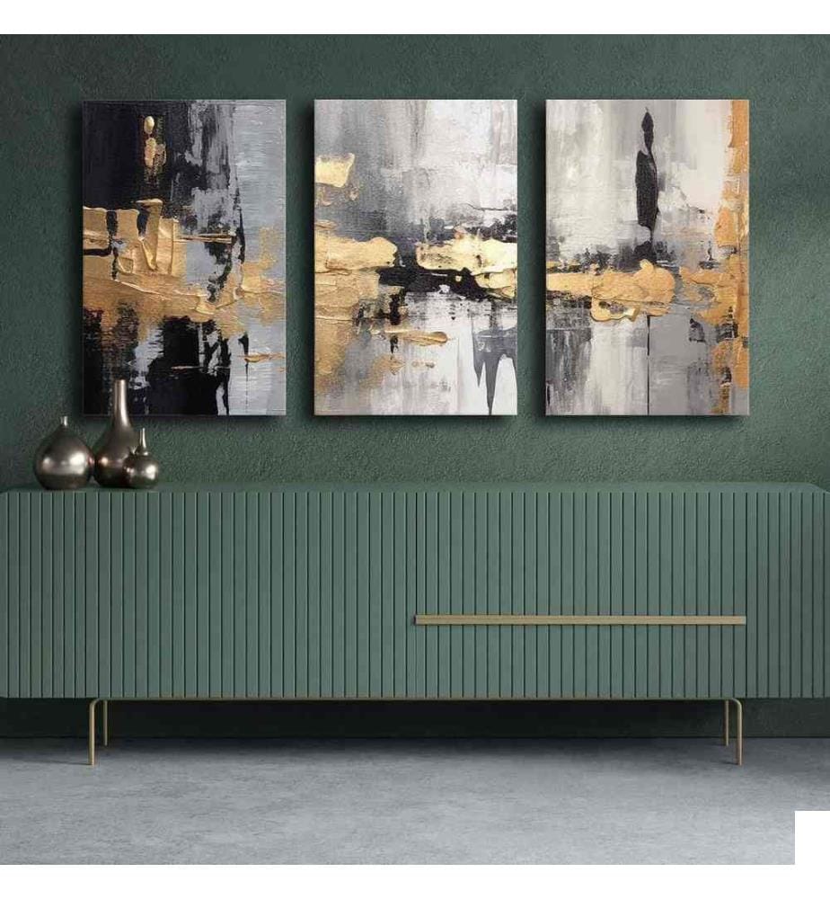 Peinture décorative sur toile, 3 pièces, multicolore, 100% toile, cadre en bois de pin