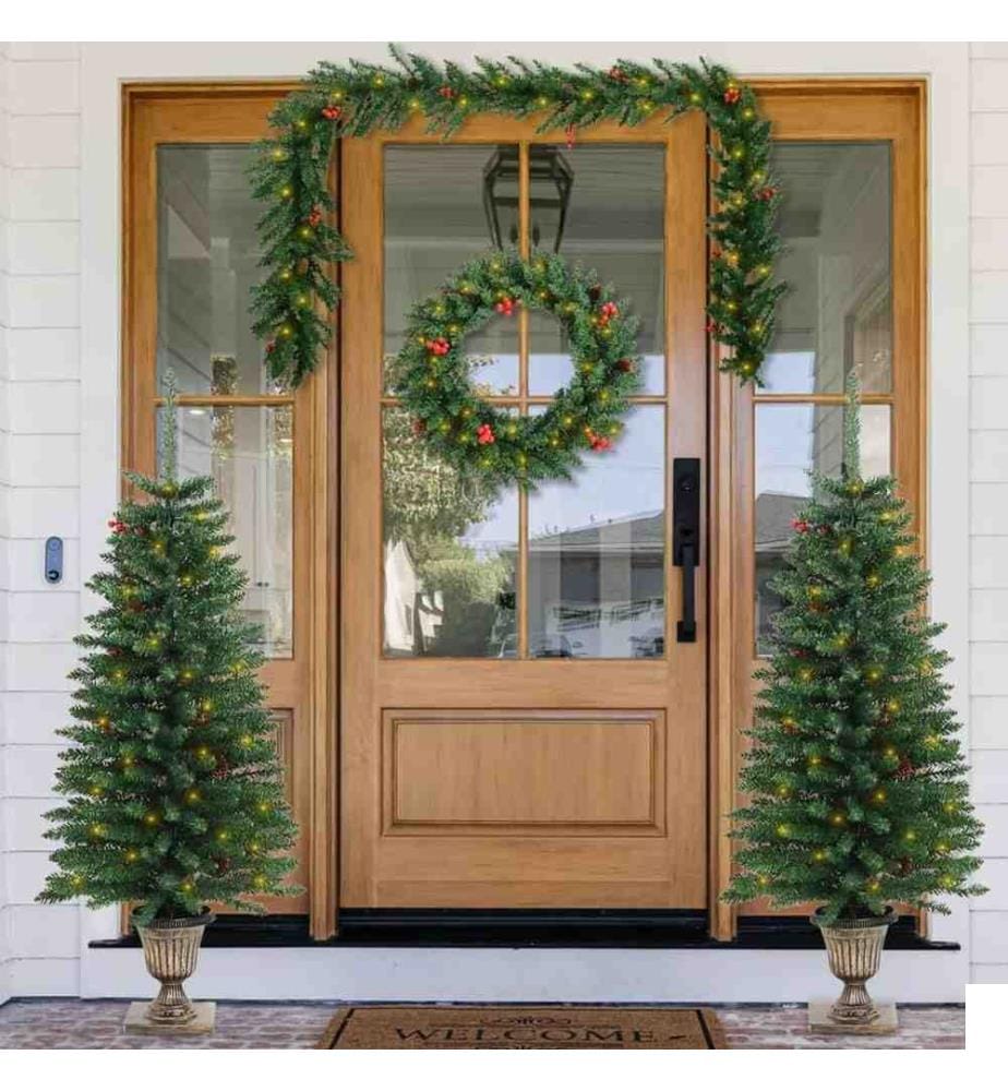 Arbres de Noël artificiels 2 pcs et couronne, guirlande et LED