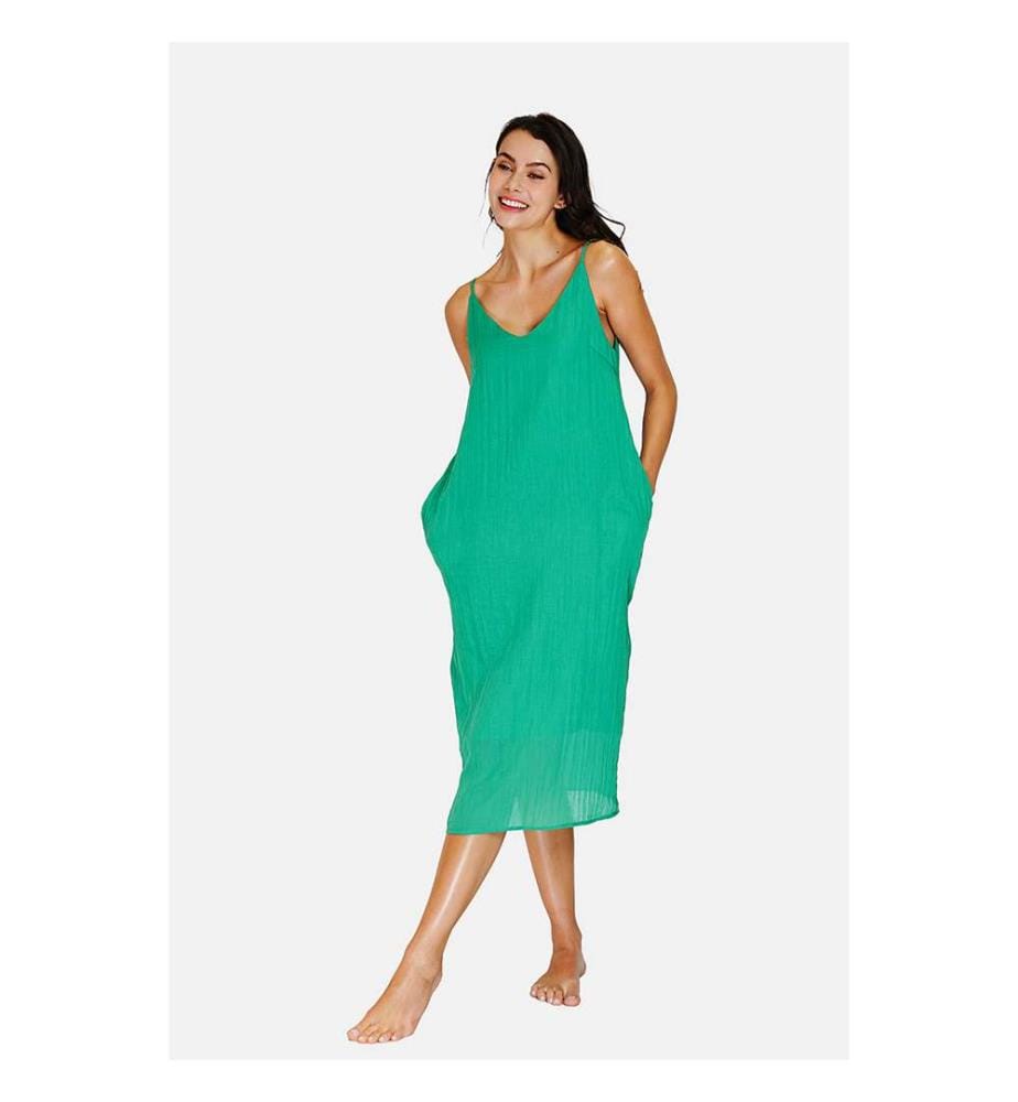 Robe à bretelles à large col en V, devant et derrière, avec poches - Vert émeraude