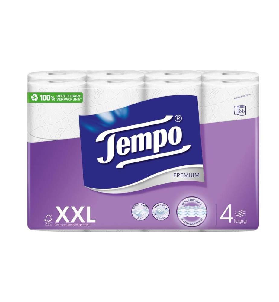 TEMPO - Papier toilette Premium XXL 24 rouleaux, 4 plis, blanc