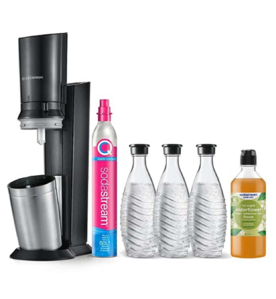 CRYSTAL noir Mega Pack avec 1 cylindre* CQC de 60 litres & 3x carafes en verre de 0.7 l +++Drink Mix Fleur de sureau zero 440ml