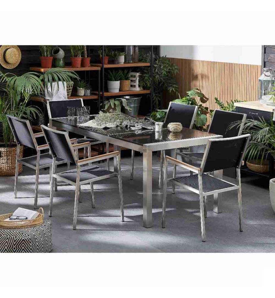 Salon de Jardin composé d'une Table 180 x 90 cm avec Plateau Triple en Granit Poli Noir et de 6 Chaises en Acier Inox et Textile Noir