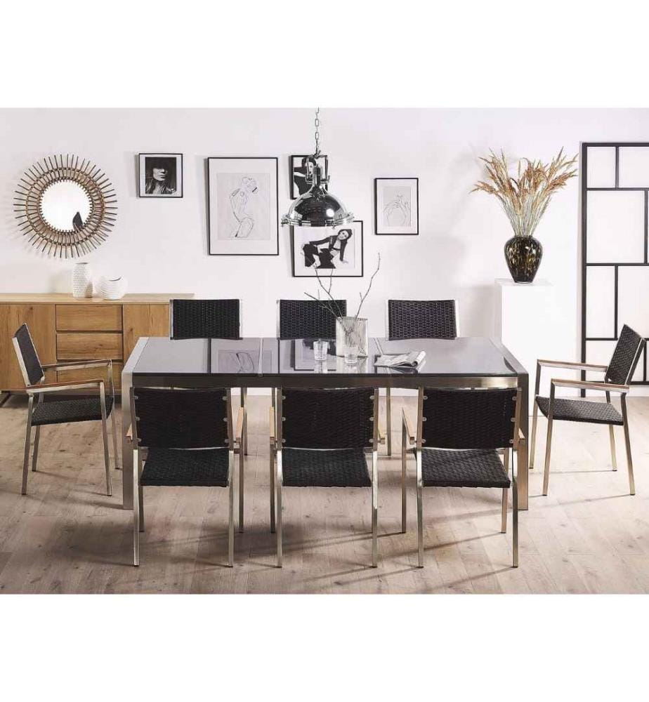 Salon de Jardin composé d'une Table 220 x 100 cm avec Plateau Triple en Granit Poli Gris et de 8 Chaises en Acier Inox et Rotin Noir