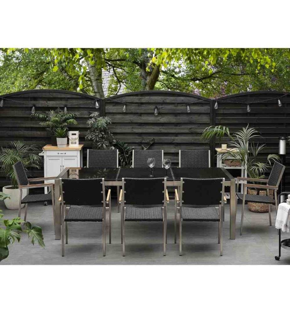 Salon de Jardin composé d'une Table 220 x 100 cm avec Plateau Triple en Granit Poli Noir et de 8 Chaises en Acier Inox et Rotin Noir