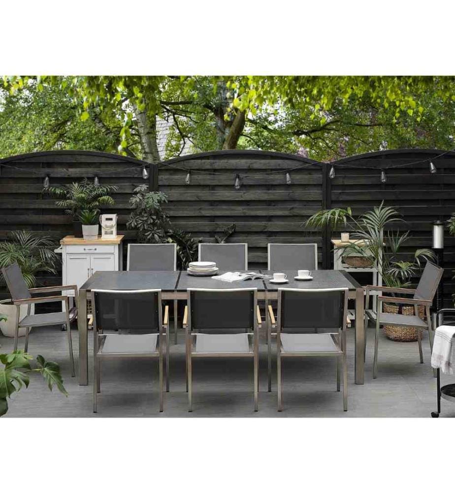 Salon de Jardin composé d'une Table 220 x 100 cm avec Plateau Triple en Granit Flambé et de 8 Chaises en Acier Inox et Textile Noir