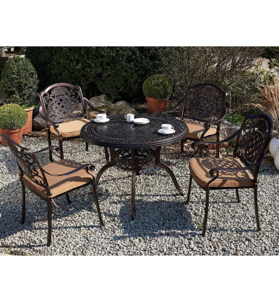 Ensemble de Repas de Jardin Table Ronde et 4 Chaises Assorties en Aluminium Marron Foncé et Cuivré Effet Vieilli pour Extérieurs Vintage