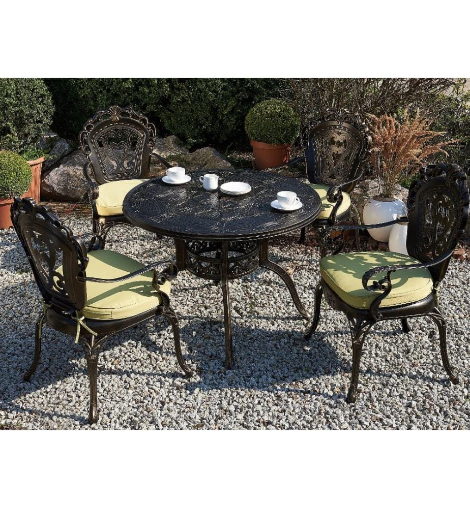 Ensemble de Repas de Jardin Table Ronde et 4 Chaises Assorties en Aluminium Marron et Doré Effet Vieilli pour Extérieurs Vintage Classiques
