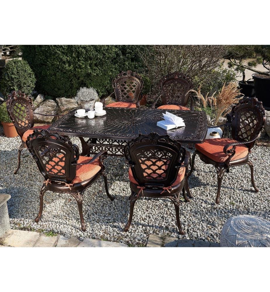 Ensemble de Repas de Jardin Table Ronde et 6 Chaises Assorties en Aluminium Marron Foncé et Cuivré Effet Vieilli pour Extérieurs Vintage