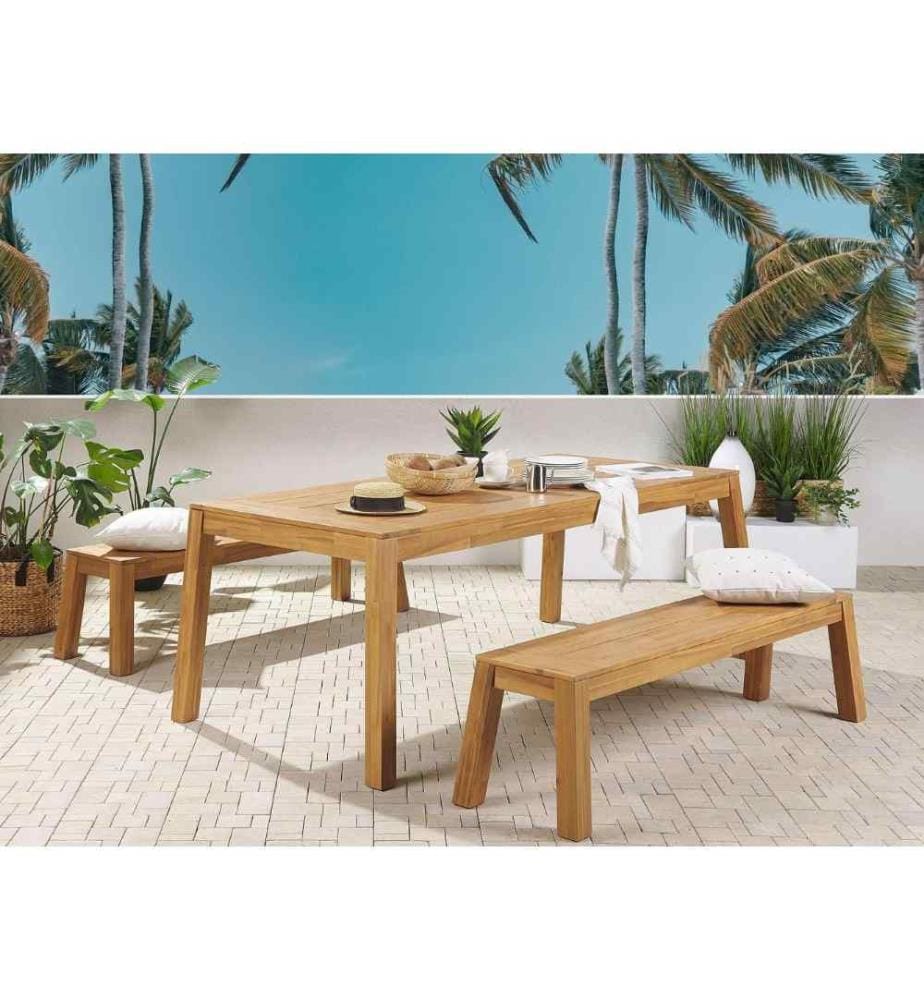 Salon de Jardin Table et 2 Bancs en Bois d'Acacia Clair Look Naturel et Très Tendance pour Intérieur et Extérieur au Style Rustique et Boho