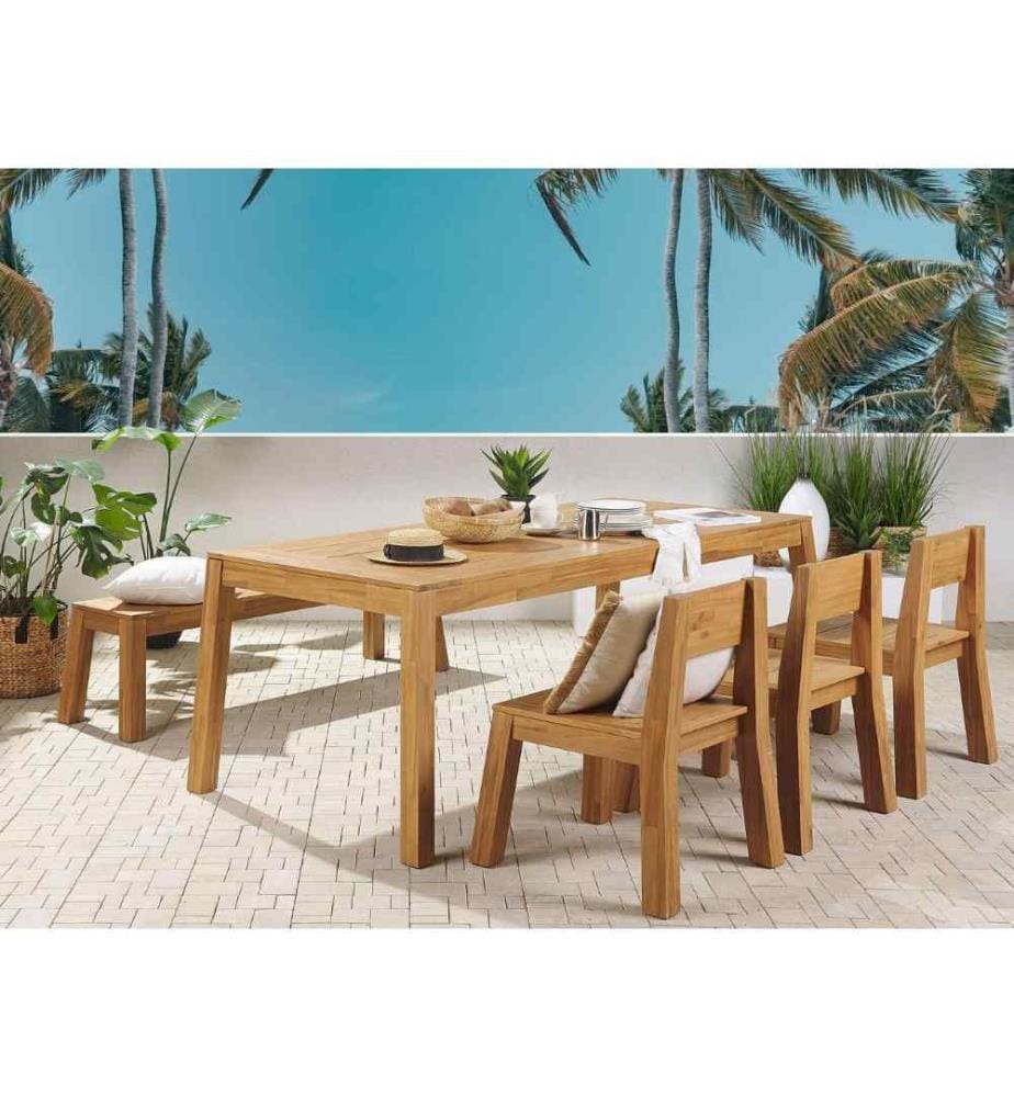 Salon de Jardin Table Banc et 3 Chaises en Bois d'Acacia Clair Look Naturel et Très Tendance pour Intérieur et Extérieur Rustique et Boho
