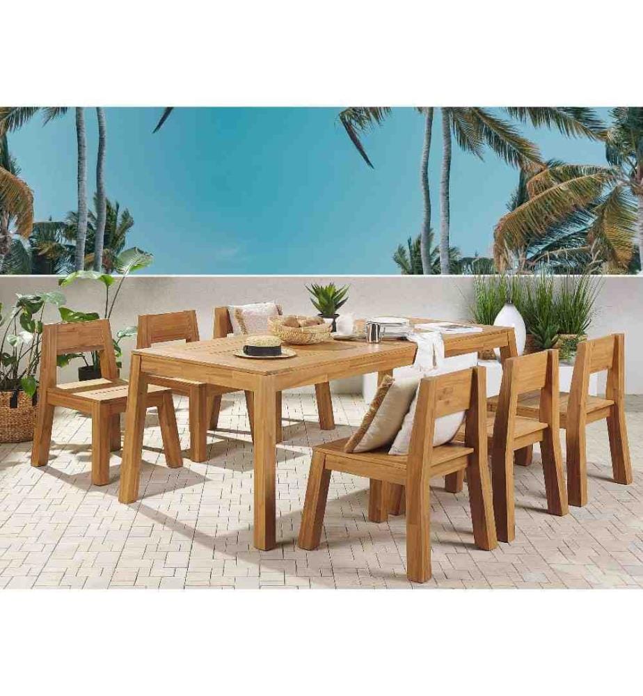 Salon de Jardin Table et 6 Chaises en Bois d'Acacia Clair Look Naturel et Très Tendance pour Intérieur et Extérieur Rustique et Boho