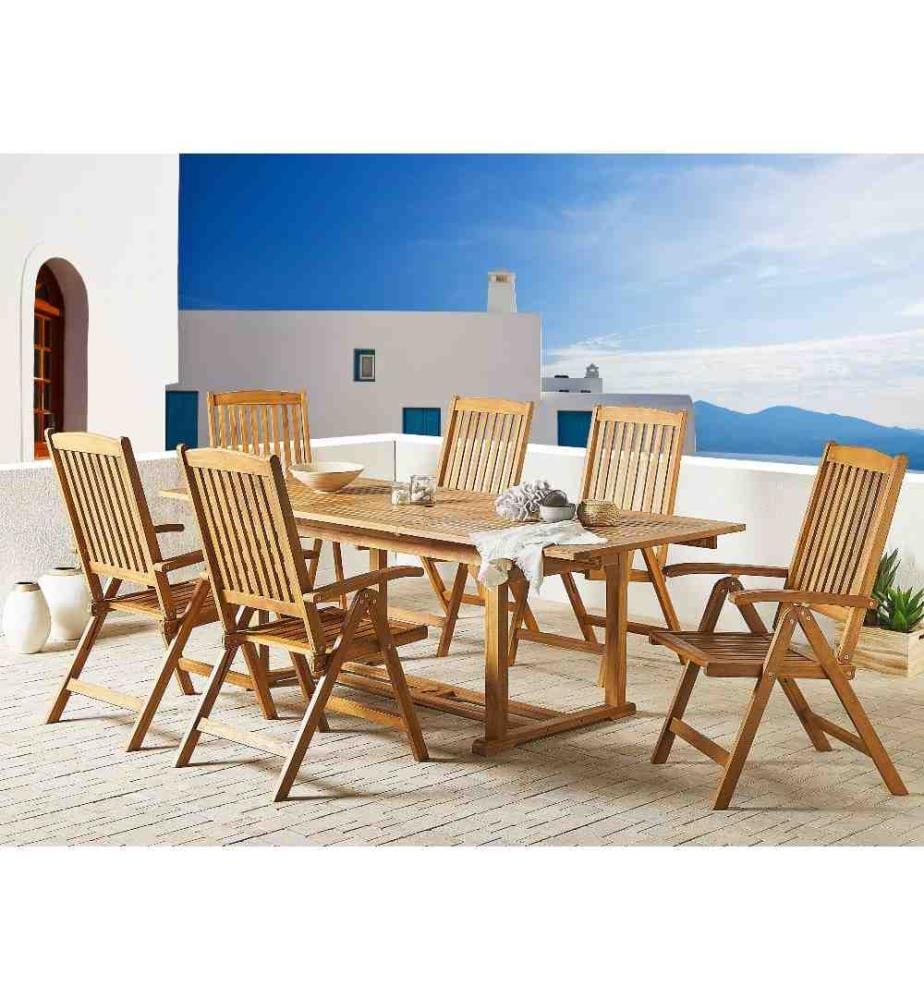 Set de Jardin Salle à Manger Extérieur en Bois d'Acacia Clair Table et 6 Chaises Dossier Réglable en 6 Positions