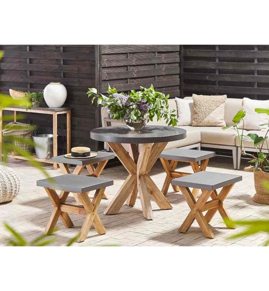 Ensemble de Repas de Jardin pour 4 Personnes Table Ronde et 4 Tabourets Effet Béton avec Pieds en Bois pour Extérieur au Style Scandinave
