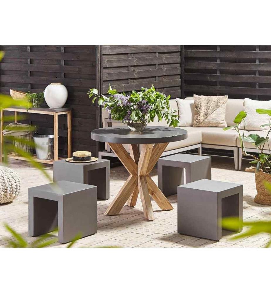 Ensemble de Repas de Jardin pour 4 Personnes Table Ronde et Tabourets Effet Béton avec Pieds en Bois pour Extérieur au Style Scandinave