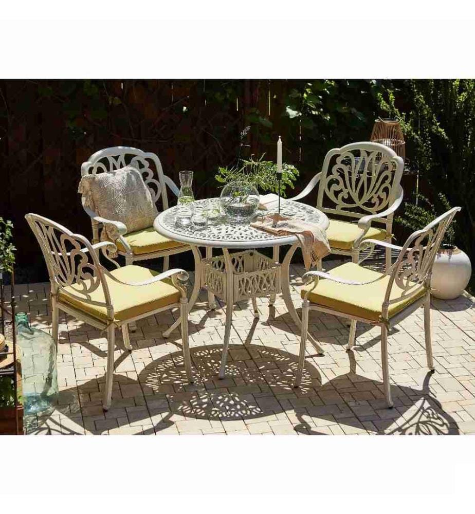 Ensemble de Repas de Jardin Table Ronde et 4 Chaises Assorties en Aluminium Blanc Aspect Vieilli Coussin Jaunes pour Extérieurs Vintage