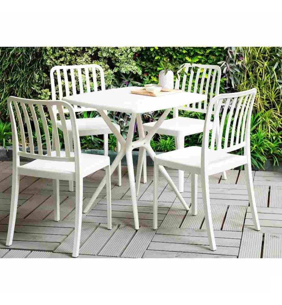 Ensemble de salle à manger de jardin en plastique blanc 4 places table carrée chaises empilables résistant aux intempéries