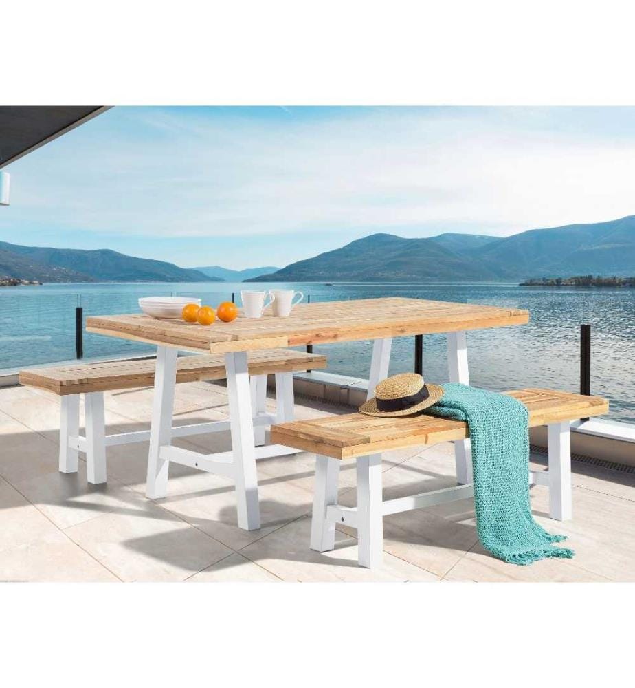 Salon de Jardin en Bois Clair et Blanc composé d'une Table 170 x 80 cm et de 2 Bancs en Bois d'Accacia