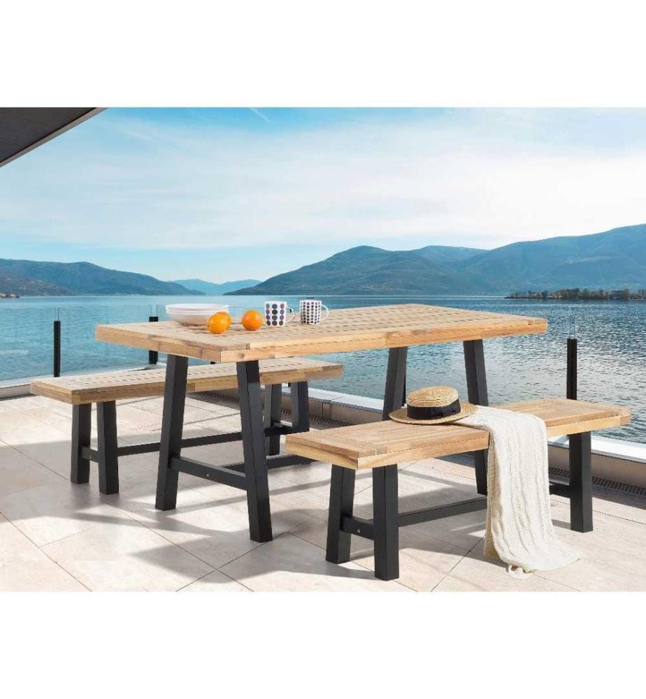 Salon de Jardin en Bois Clair et Noir composé d'une Table 170 x 80 cm et de 2 Bancs en Bois d'Accacia